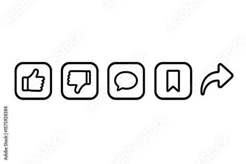 Social Media Feedback Icon Set. Like, Dislike, Comment, Save, Share. User Interaction Symbols. Social Network Buttons. Vector Outline Illustration. Communication, Engagement, Interface Elements