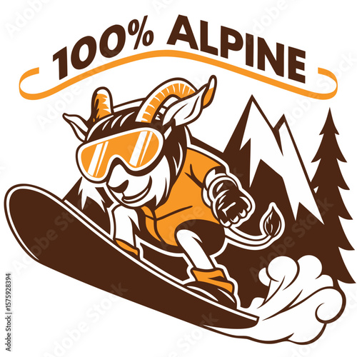 Goat snowboarding in the mountains