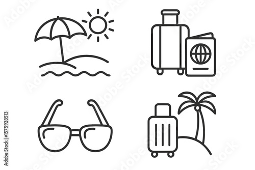 Summer Vacation Travel Icon Set. Beach Umbrella, Sun, Sunglasses, Luggage, Passport, Palm Tree. Outline Style. Tourism, Holiday, Resort, Relaxation, Adventure, Journey, Trip, Island