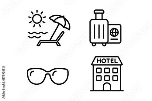 Summer Vacation Line Icons Set – Beach, Hotel, Relaxation, Travel, Luggage, Sunglasses, Sun, Tourism, Holiday Essentials, Web and Mobile App Design, Minimal Outline Style