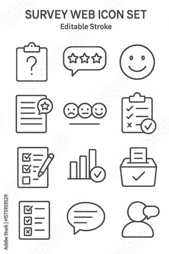 Survey and Feedback Web Icon Set. Linear Style. Includes Question, Opinion, Satisfaction, Research, Review, Checklist, Task, Poll, Rating, Vote, Communication, Analysis, Editable Stroke