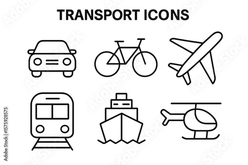 Set of 6 Linear Transport Icons for Web and Mobile Apps – Car, Bicycle, Airplane, Train, Ship, Helicopter – Public Transport, Vehicle, Delivery Symbols