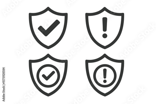 Security Shield Icons Set. Check Mark and Exclamation Mark Symbols. Protection, Safety, Warning, Alert, Verified, Approved, Caution, Secure Badge. Flat Vector Isolated on Transparent Background