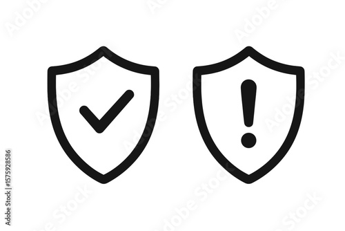 Security Shield Icons Set. Check Mark and Exclamation Point Symbols. Protection, Safety, Warning, Alert, Caution, Secure, Approval, Risk, Error, Notification. Vector Illustration Isolated