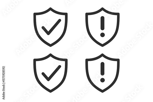 Security Shield Icons Set. Check Mark and Exclamation Point Symbols. Protection, Safety, Warning, Alert, Secure Approval, Risk Notification. Line Art Vector Isolated on Transparent Background