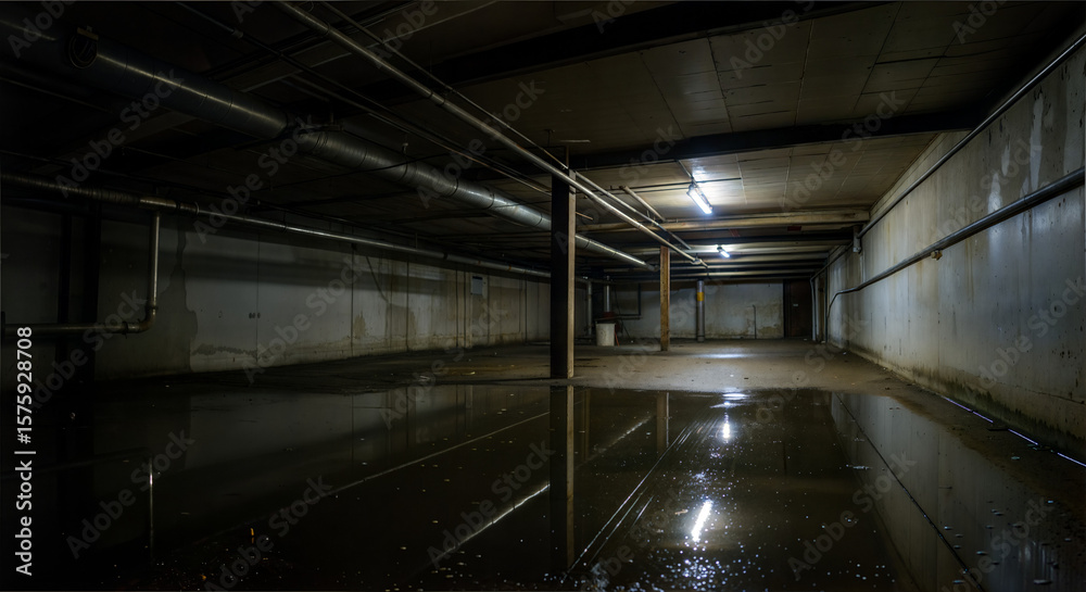 Fototapeta premium Empty underground parking garage with puddles and dim lighting 