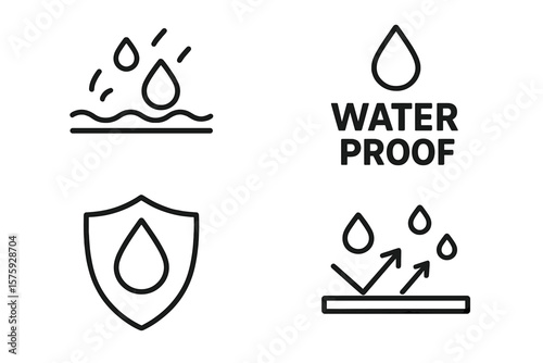 Waterproof icons set. Water resistant symbols, liquid proof protection, shield with water drop, anti wetting material, waterproof label, moisture barrier, outline vector
