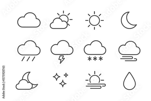 Weather Forecast Line Icon Set. Cloud, Sun, Rain, Storm, Snow, Moon, Wind, Night, Mist, Drop, Star. Minimalist Vector Symbols for App, Website, Transparent PNG, Editable Illustration