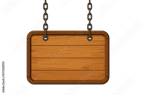 Realistic Wooden Hanging Sign Board, Blank Rustic Plank, Empty Vintage Wood Panel with Metal Chains, Shop Cafe Restaurant Signage, Vector Illustration, Isolated on White Background