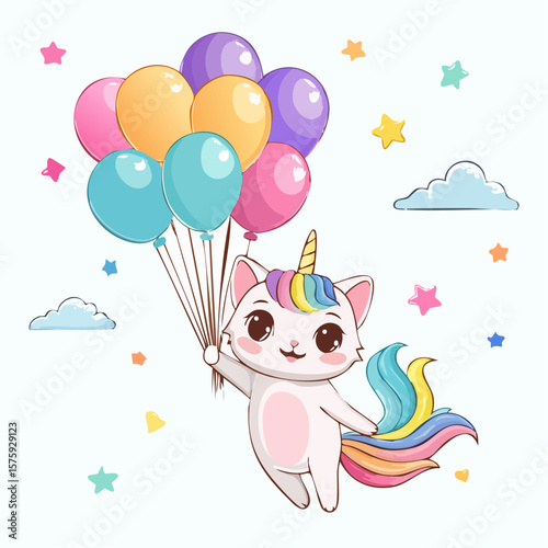 Adorable Unicorn Cat Soaring with Colorful Balloons: Whimsical, Joyful Illustration
