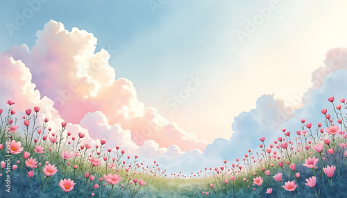 Watercolor painting of pink flowers, clouds, and blue sky in a serene landscape