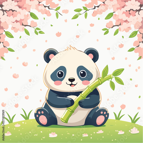 Adorable Panda Cub with Bamboo under Cherry Blossoms: Springtime Cartoon Illustration