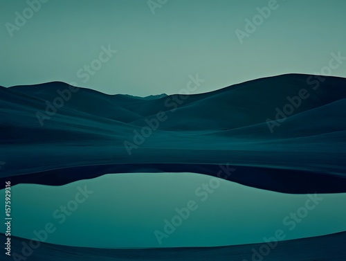 Serene Teal Landscape, Rolling Hills and Calm Lake Reflection