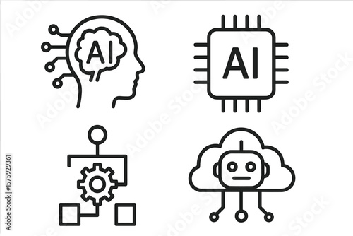 Artificial intelligence AI icon set. Line art for web and mobile. Machine learning, digital technology, algorithm, smart brain, processor, neural network, cloud computing, bot.