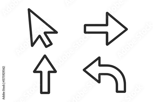 Arrow icon set for web and mobile app design. UI UX graphic elements collection. Linear style cursor, next, back, up, and direction pointers for navigation buttons.