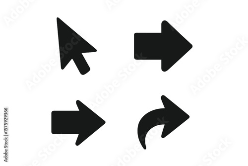 Arrows icons set. Black vector arrow collection. Cursor, pointer, next button, share symbol. Flat design elements for web design, app or user interface. Direction signs.