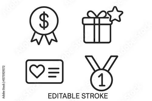 Benefit and reward line icon set. Loyalty program and bonus prize for winner. Customer incentive and exclusive gift award. Financial gain and membership star vector collection.
