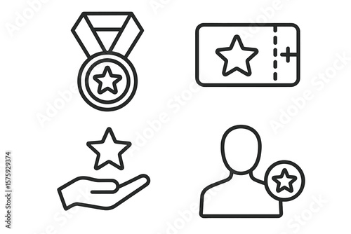 Benefit icon set. Loyalty program, bonus and reward. Exclusive customer prize. Winner award medal and incentive star pictogram. Vector line icon collection for web and app.