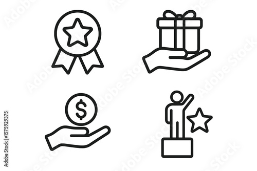 Benefit icon set. Exclusive benefits linear icon collection. Contains reward, bonus, loyalty, star, winner, award, prize, incentive. Vector graphic for web and apps.