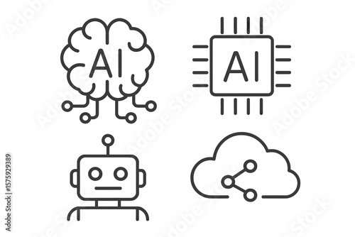 Artificial intelligence line icon set. AI technology concepts. Machine learning, neural network, algorithm, robot, chatbot, processor, cloud computing. Digital brain pictogram.