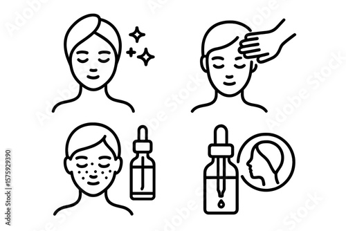 Beauty and spa line icon set. Skincare routine, facial massage, acne treatment & cosmetic serum. Cosmetology, dermatology & wellness concept for web or mobile application.