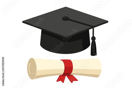 Graduation cap and diploma vector. Concept of education, university, college. Academic success symbol. Mortarboard hat for graduate. Degree ceremony celebration. Isolated icon.