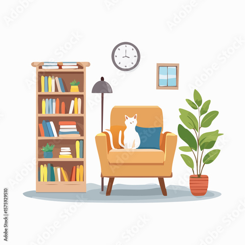 Cozy Living Room:  White Cat on Mustard Armchair, Bookshelf, Plant, Calm Atmosphere