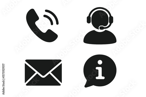 Contact us icon collection for web and mobile. Customer service and support symbols. Glyph set with phone call, email, message, operator headset and information signs.
