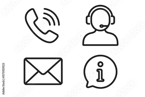 Contact us web icons set in line style. Customer service signs and symbols. Contact support for web and mobile app. Phone call, mail, headset operator and information icon.