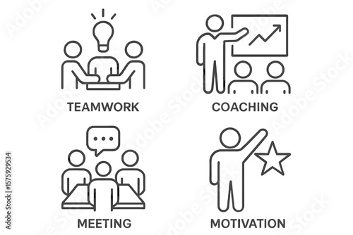 Teamwork, Coaching, Meeting, Motivation Line Icons Set. Business Collaboration, Team Building, Leadership, Brainstorming, Training, Success, Corporate Workshop Concepts, Web and App Design