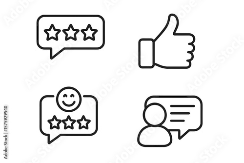 Customer satisfaction linear icons set. Client feedback, star rating, and positive review symbols. Thumbs up like gesture. User experience concept for web and mobile app.