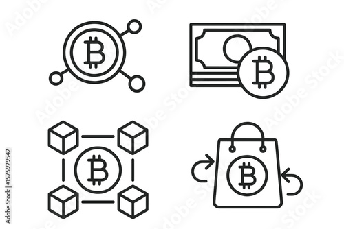 Cryptocurrency icon set. Bitcoin linear collection. Crypto currency, money, blockchain technology, decentralized network, exchange, payment, shopping, and finance concepts.