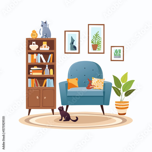 Cozy Living Room Interior: Blue Armchair, Bookshelves, Houseplants, and Cats in a Flat-Style Illustration.