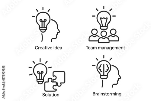 Creativity innovation line icon set. Creative idea, team management, business solution and brainstorming vector symbols. Teamwork and problem solving concept thin icons.