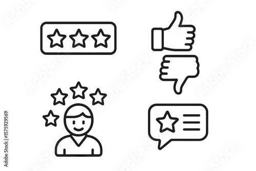 Customer satisfaction icon set. Feedback and review line icons for web and mobile app. Contains rating stars, like, dislike, customer experience and client survey symbols.