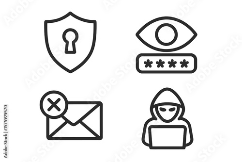Cybersecurity line icon set. Internet safety. Data protection metaphor. Online threat concept. Password privacy. Hacker cybercrime symbol. Spam email. Shield keyhole security.