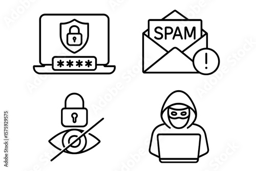 Cyber security icons. Hacker, spam, password protection, data privacy. Concept of internet crime, phishing, spyware, network safety, confidential information, cyberattack. Line style.