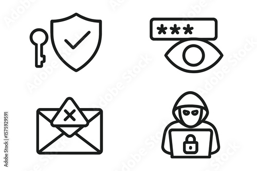 Cyber security icon set in thin line style. Internet protection, data privacy, network security, password, hacker attack, phishing email, online safety vector symbols.