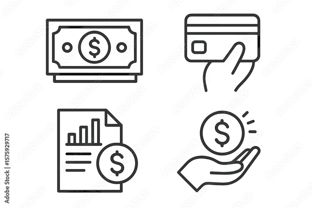 Finance line icon set. Money payment concept. Financial report, analytics. Credit card, cash pay. Banking business symbol. Investment, income, savings. Web mobile app pictogram. Finance line icon set. Money payment concept. Financial report, analytics. Credit card, cash pay. Banking business symbol. Investment, income, savings. Web mobile app pictogram.