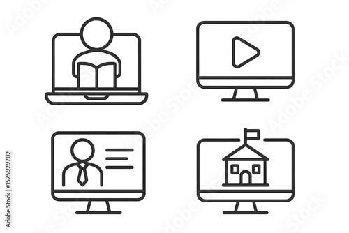 E-learning and online education icon set. Distance learning concept. Video tutorial, webinar, online lecture, university, school symbols. Web and mobile app interface elements.