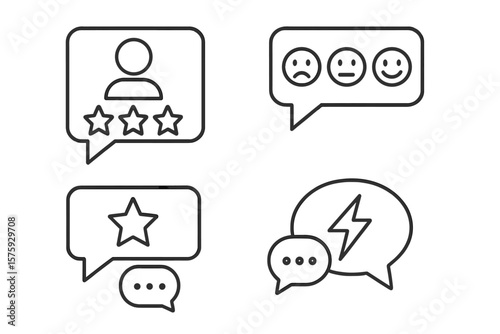 Feedback icons set. Customer review and satisfaction rating. User experience for web and mobile app. Star quality evaluation. Client testimonial opinion survey emotion face symbols.