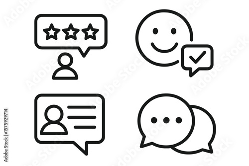 Feedback and review line icon set. Customer satisfaction survey, star rating, client opinion, and chat icons. User experience testimonial for web and mobile app design.