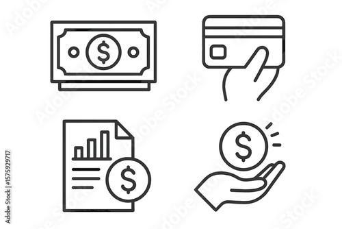Finance line icon set. Money payment concept. Financial report, analytics. Credit card, cash pay. Banking business symbol. Investment, income, savings. Web mobile app pictogram.