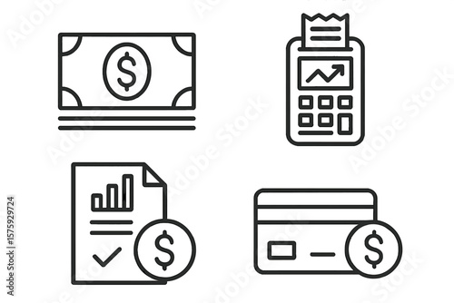 Finance vector icons in thin line style. Money and payment. Set of financial report, pay, banking, business, cash, dollar, credit card, pos terminal. Web and mobile app.
