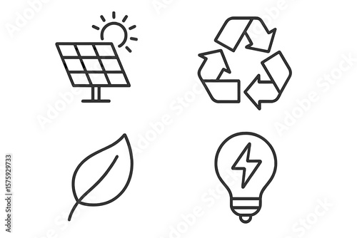 Green energy and ecology line icon set. Solar panel, recycle symbol, leaf, and lightbulb. For concepts like renewable power, sustainability, nature, and eco friendly technology.