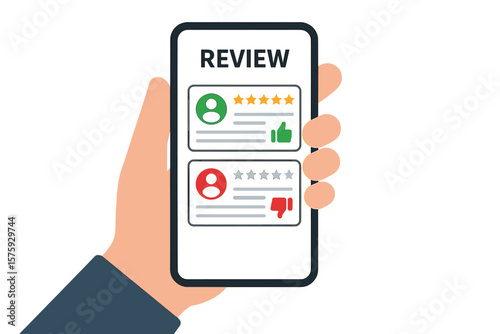 Hand holding phone with online review rating. User reviews with good and bad rate on screen. Customer feedback experience. Positive and negative testimonial concept design.