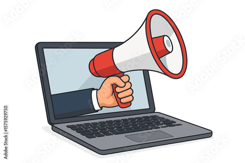 Hand holding a megaphone from a laptop screen. Concept for digital marketing, online advertising, internet promotion, social media campaign, business announcement and alert.
