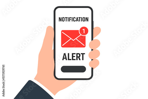 Hand holding smartphone with new message notification alert on screen. Unread email notice in inbox. Communication app with counter. Digital technology vector illustration.
