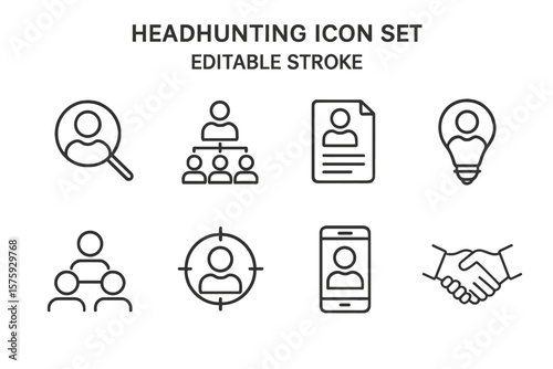 Headhunting thin line icons set. Human resources and recruitment symbols. Talent acquisition, career, resume, interview, candidate search, management. Editable stroke vector.