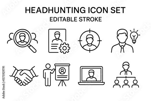 Headhunting and recruitment thin line icon set. Human resources, candidate search, hiring process, and career management outline icons. Editable stroke vector symbols.